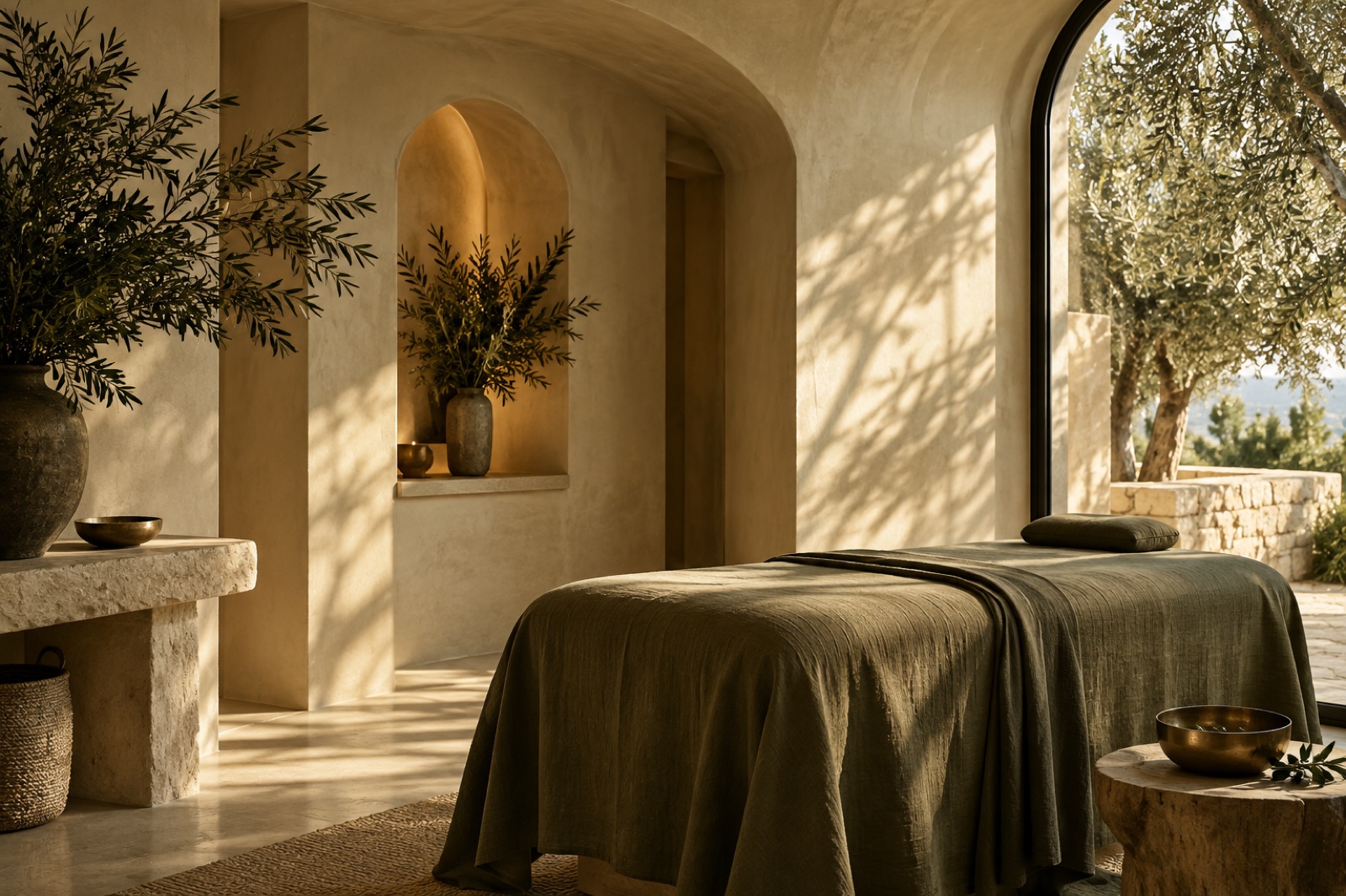 Warm sunlit spa room with an olive linen massage bed and natural textures